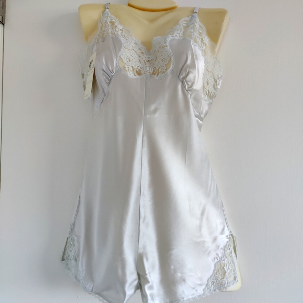 NWT Silk Lingerie Romper | Satin Bodysuit/Playsuit with Lace Slit- Gray